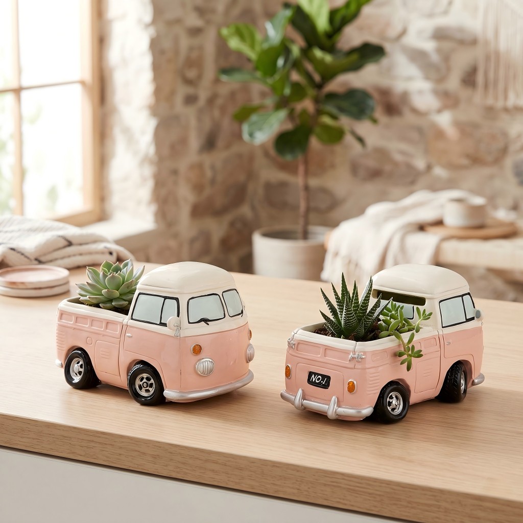 Echeveria Succulent - Vintage roze minibus succulenten plantenbak hars